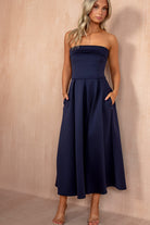 Danni Navy Bandeau Pleated Midi Dress
