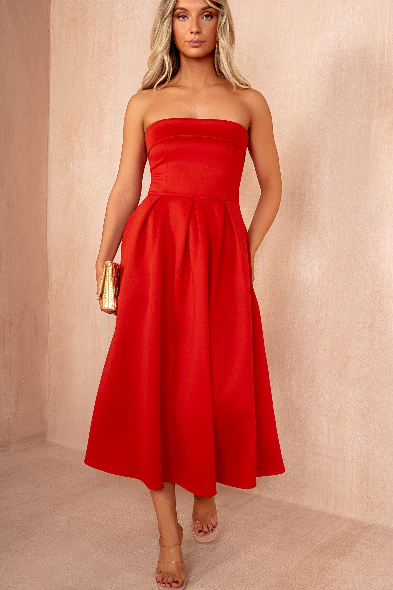 Danni Red Bandeau Pleated Midi Dress