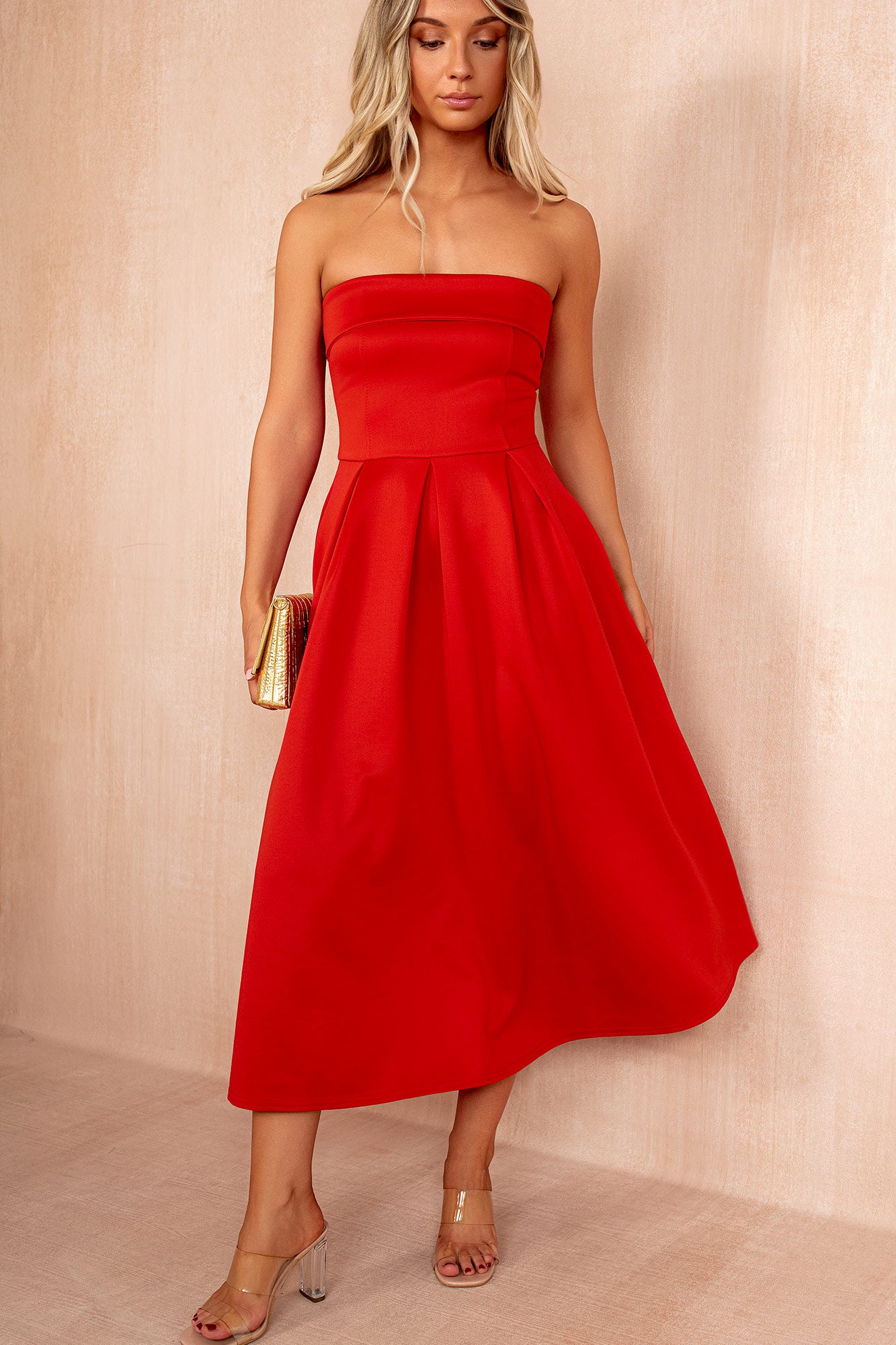 Danni Red Bandeau Pleated Midi Dress
