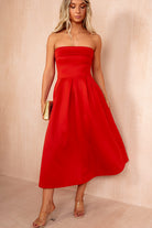 Danni Red Bandeau Pleated Midi Dress