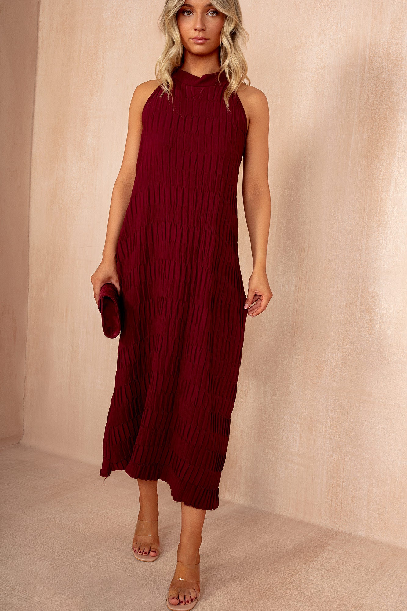 Davina Burgundy Textured Halterneck Maxi Dress