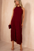Davina Burgundy Textured Halterneck Maxi Dress