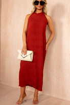 Davina Rust Textured Halterneck Maxi Dress