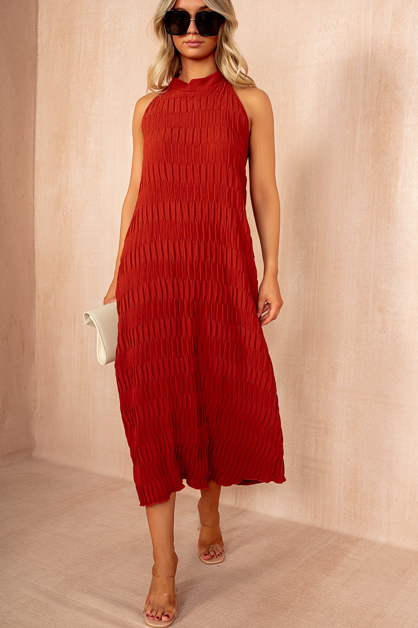 Davina Rust Textured Halterneck Maxi Dress