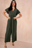 Dee Khaki Pleated Wide Leg Jumpsuit