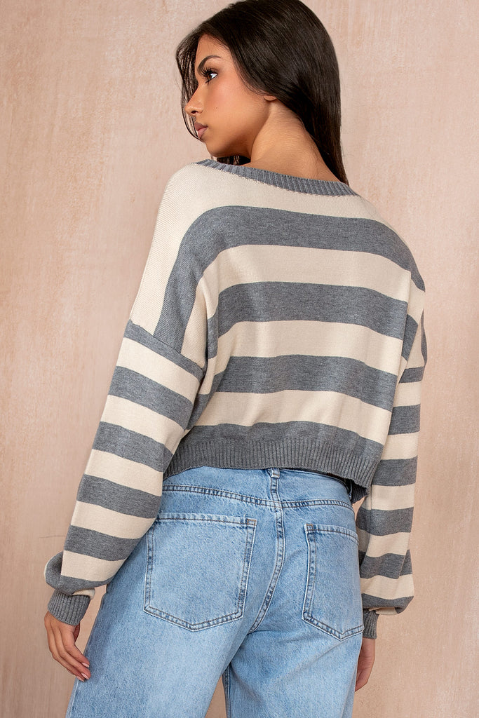 Doritha Grey Knit Striped Jumper