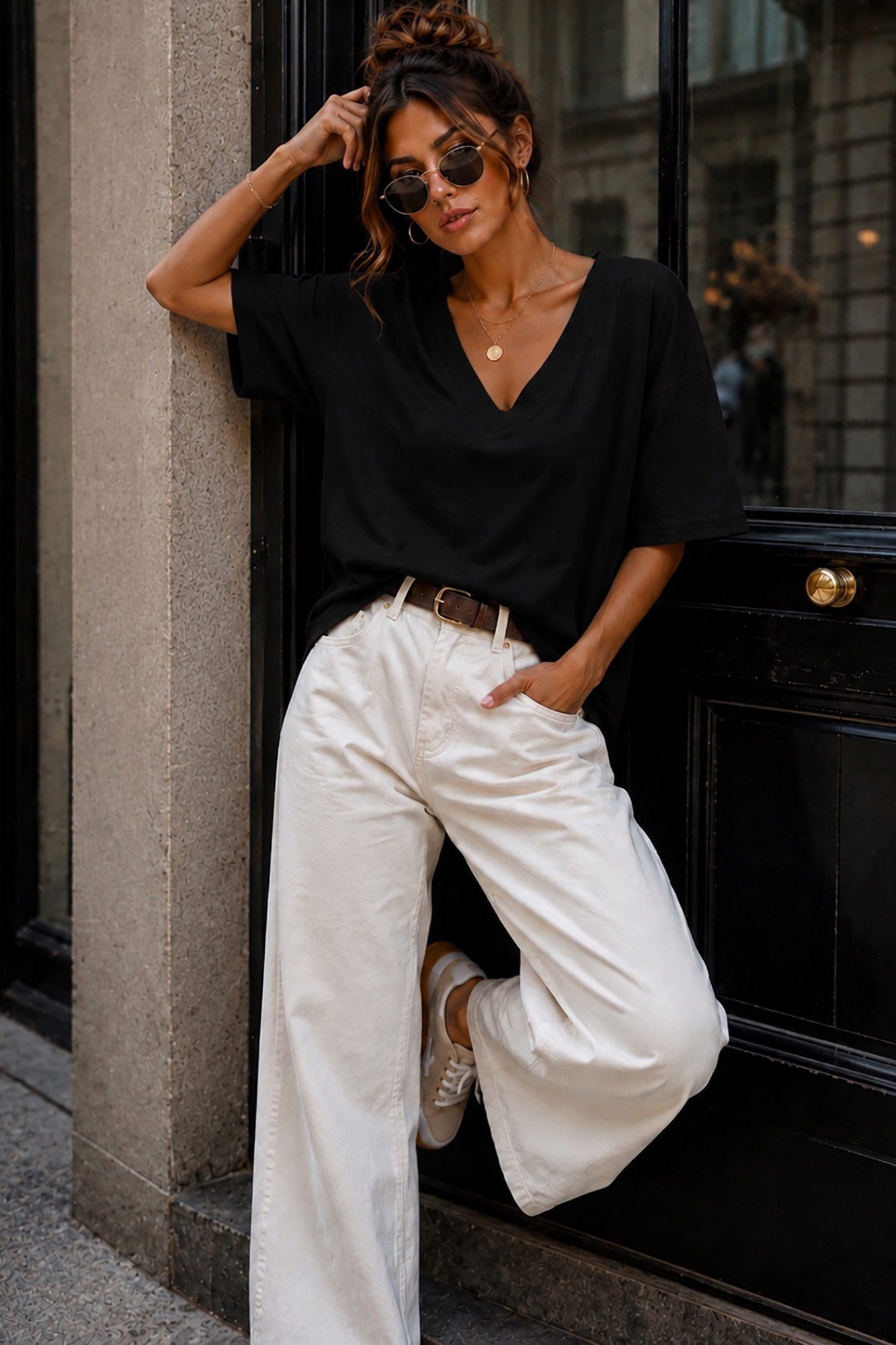 Dorothy Black Cotton V Neck Top
