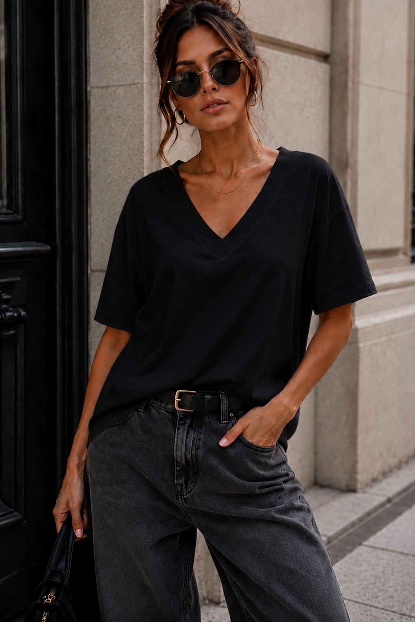 Dorothy Black Cotton V Neck Top