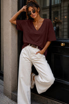 Dorothy Burgundy Cotton V Neck Top