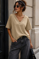 Dorothy Camel Cotton V Neck Top