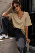 Dorothy Camel Cotton V Neck Top