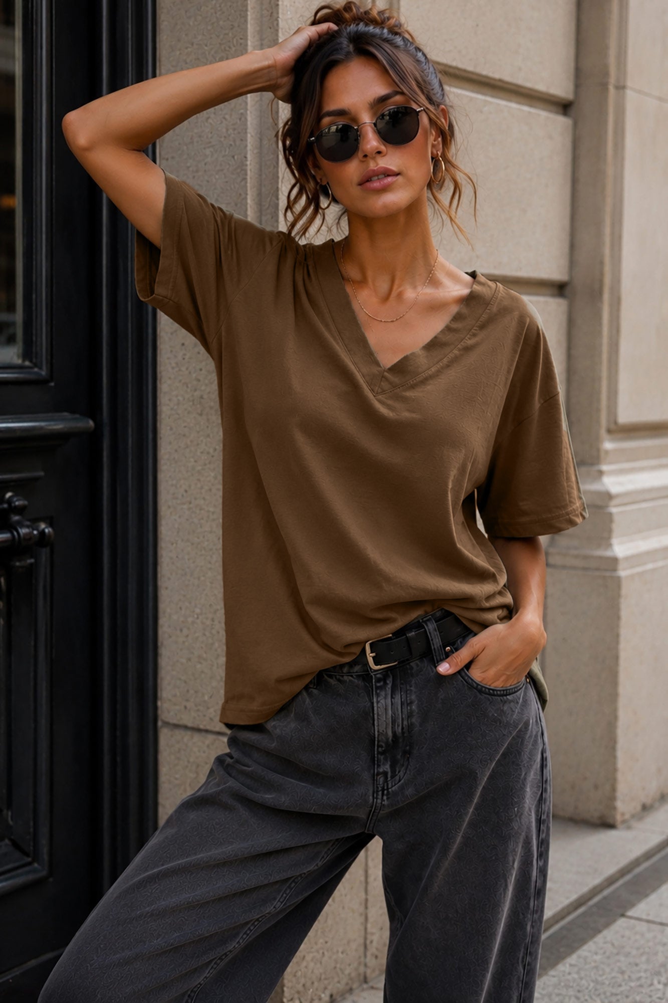 Dorothy Chocolate Cotton V Neck Top