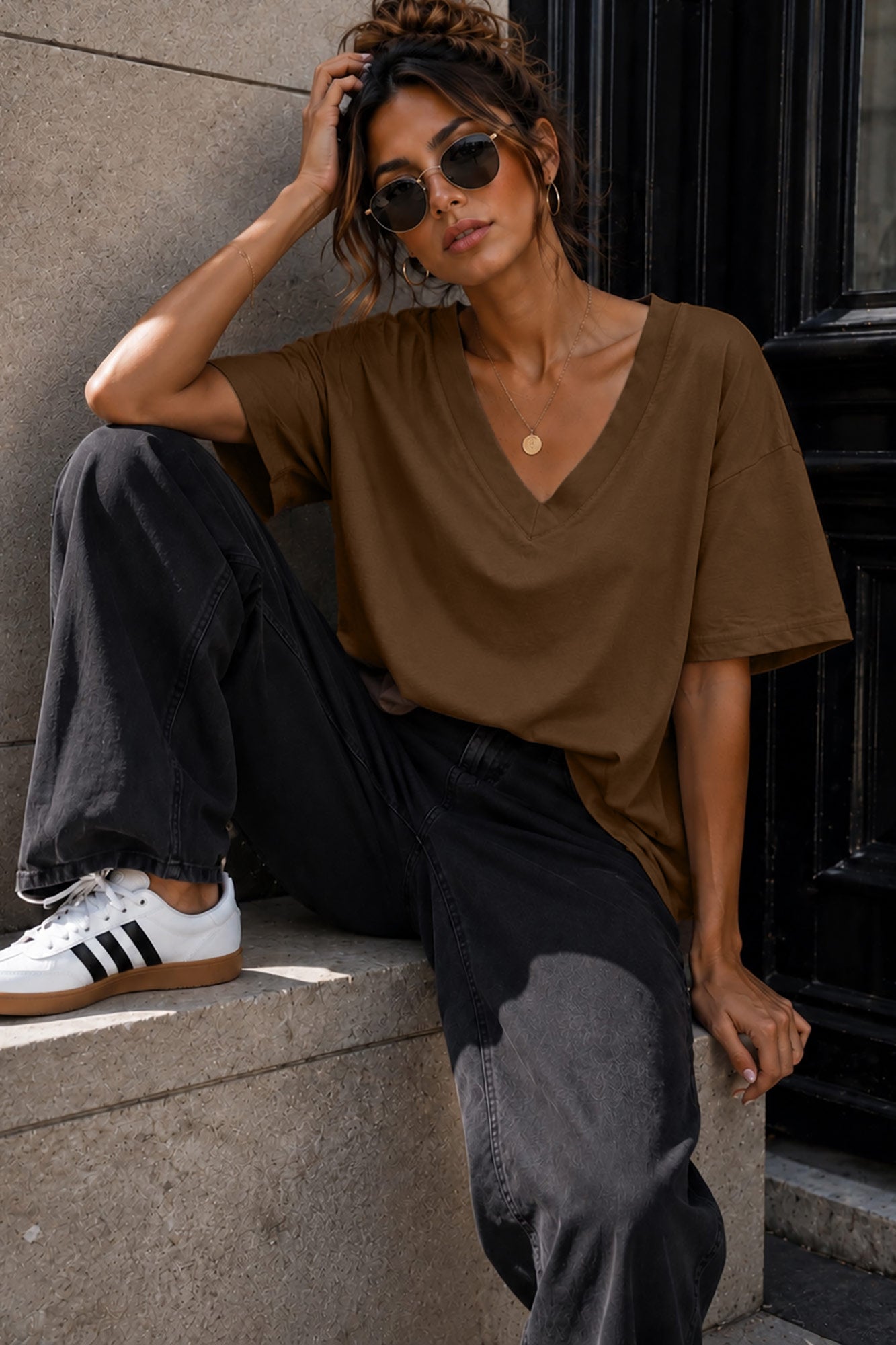 Dorothy Chocolate Cotton V Neck Top