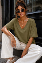 Dorothy Khaki Cotton V Neck Top