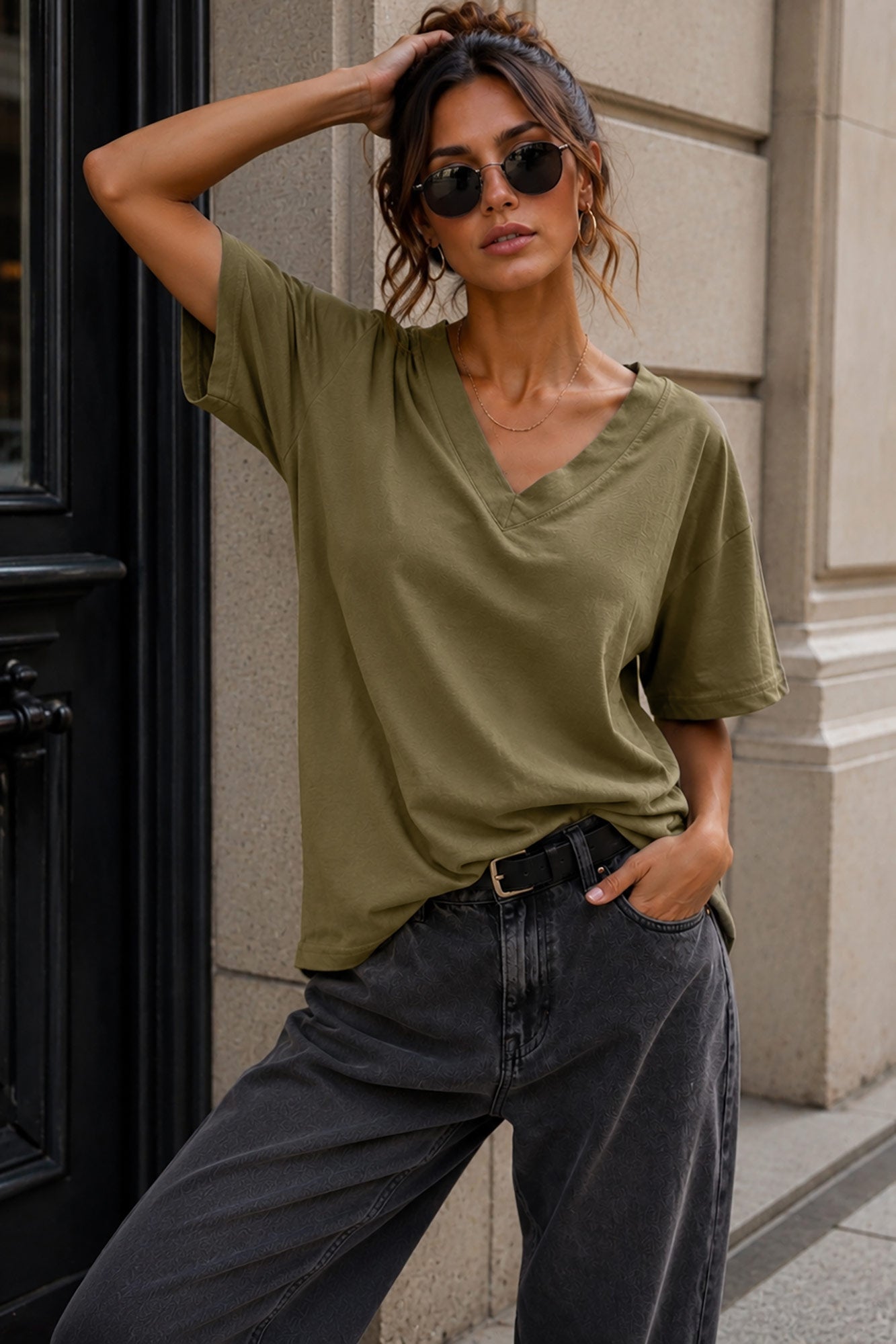 Dorothy Khaki Cotton V Neck Top