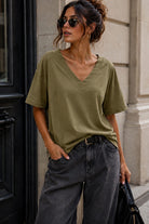Dorothy Khaki Cotton V Neck Top