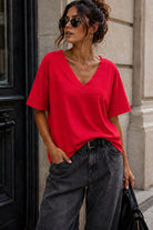 Dorothy Red Cotton V Neck Top