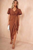 Drew Brown Spot Satin Wrap Midi Dress