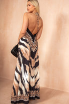 Ebony Black and Camel Printed Diamante Halterneck Dress