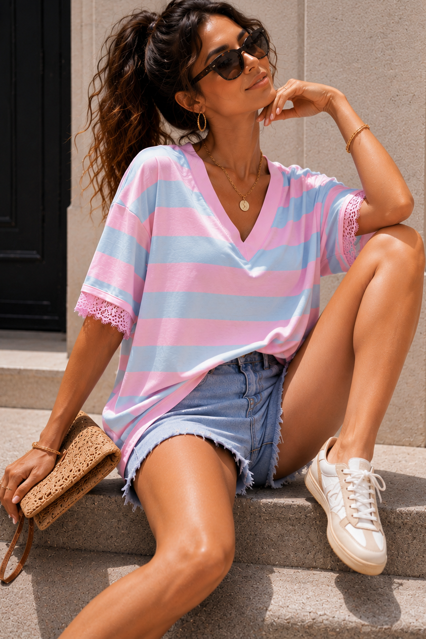 Eden Blue and Pink Striped V Neck Top