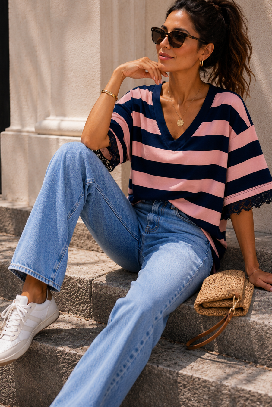 Eden Blush and Navy Lace Trim Top