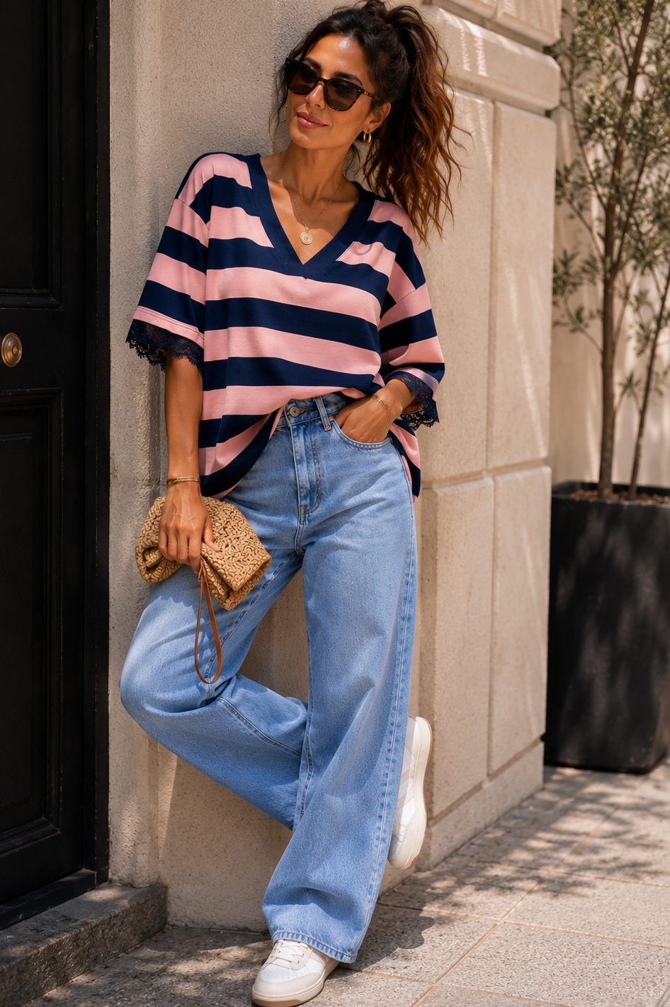 Eden Blush and Navy Lace Trim Top