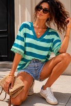 Eden Green Striped V Neck Top