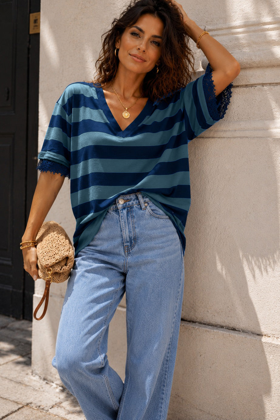 Eden Navy and Blue Lace Trim Top