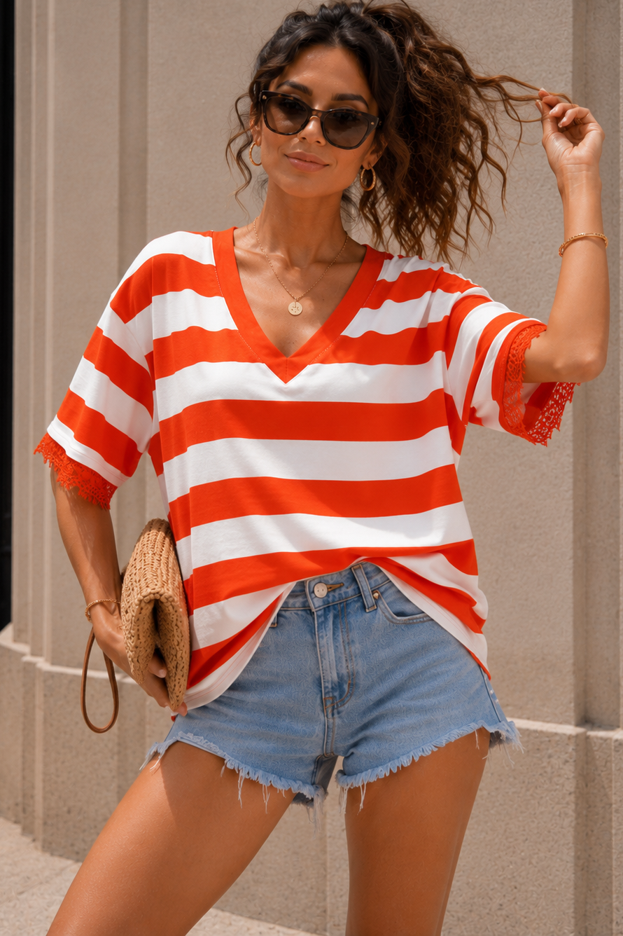 Eden Orange Striped V Neck Top