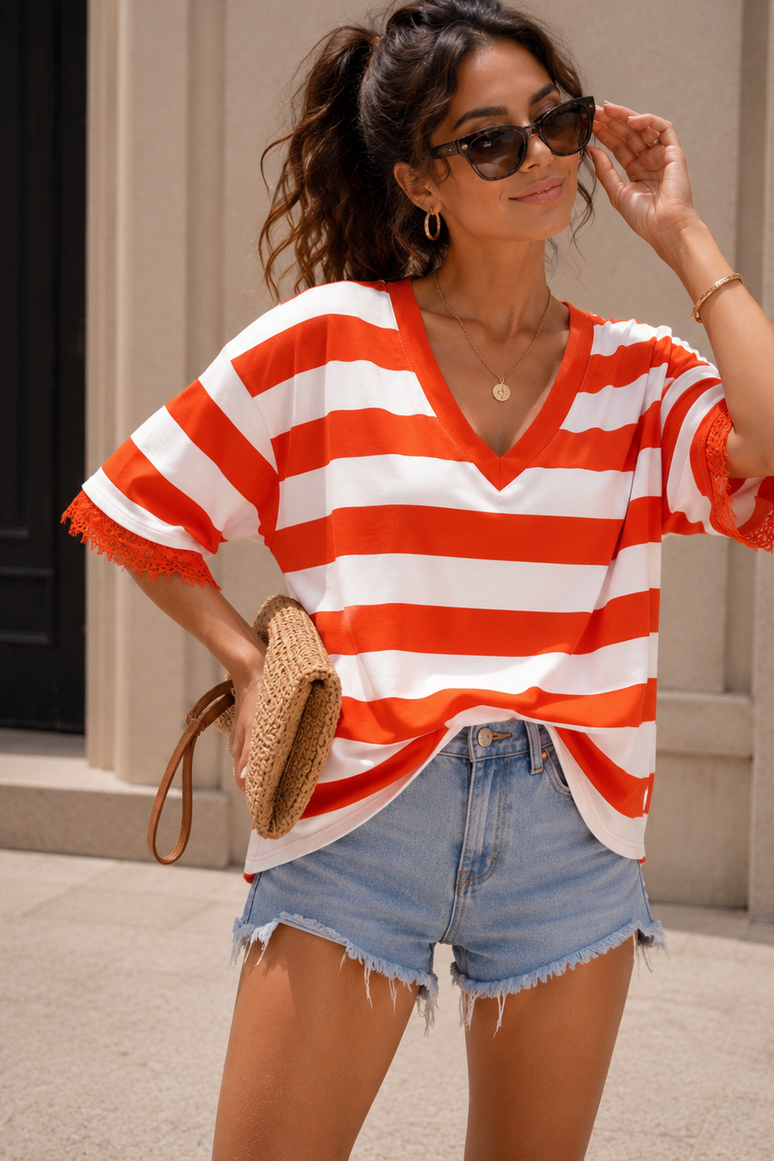 Eden Orange Striped V Neck Top