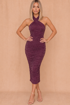 Eleanor Plum Sparkle Halter Neck Dress