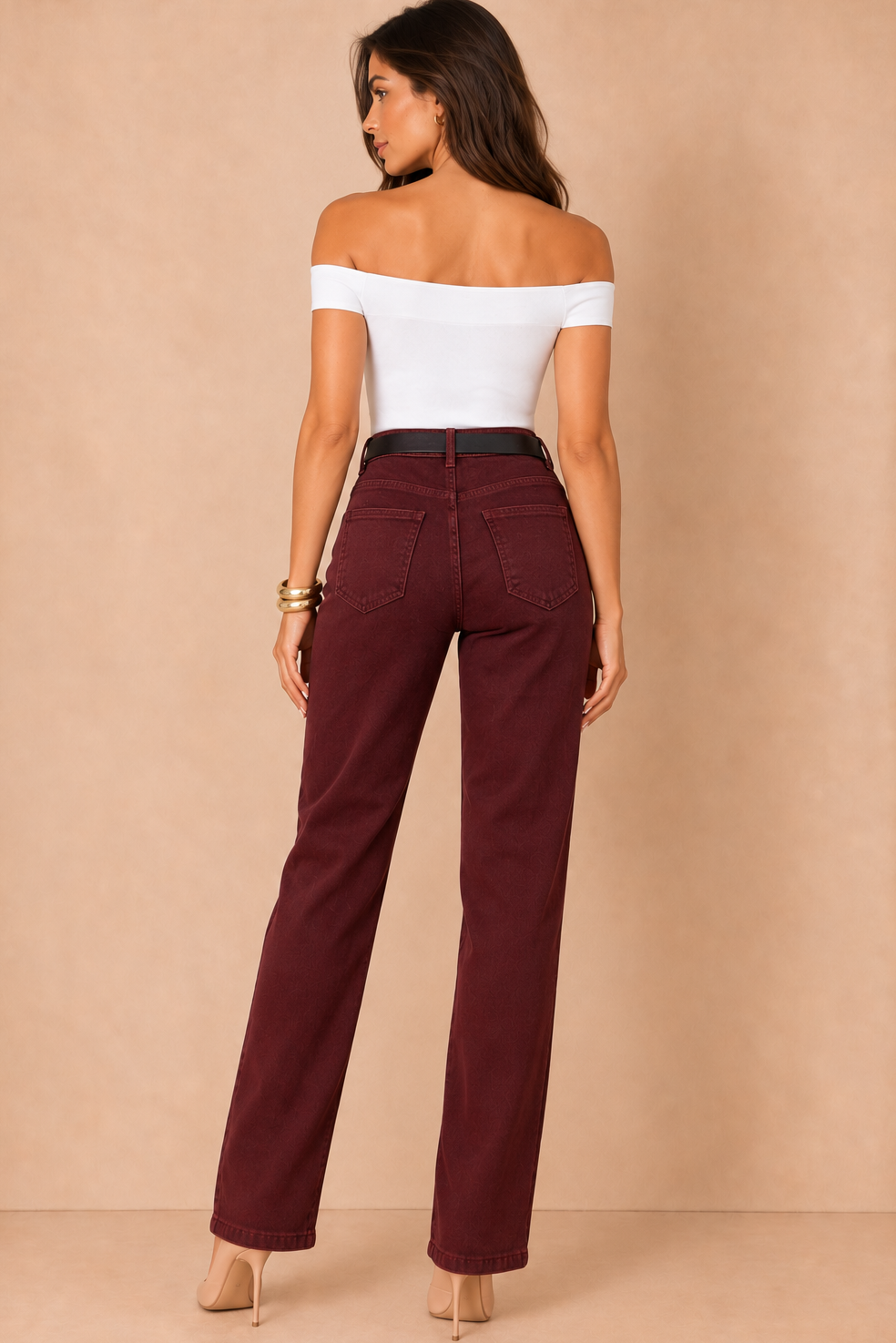 Elliot Burgundy Belted Straight Leg Jeans