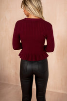 Emerson Burgundy Ribbed Knit Frill Top