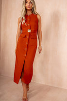 Emery Burnt Orange Button Detail Midi Dress