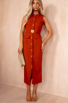 Emery Burnt Orange Button Detail Midi Dress