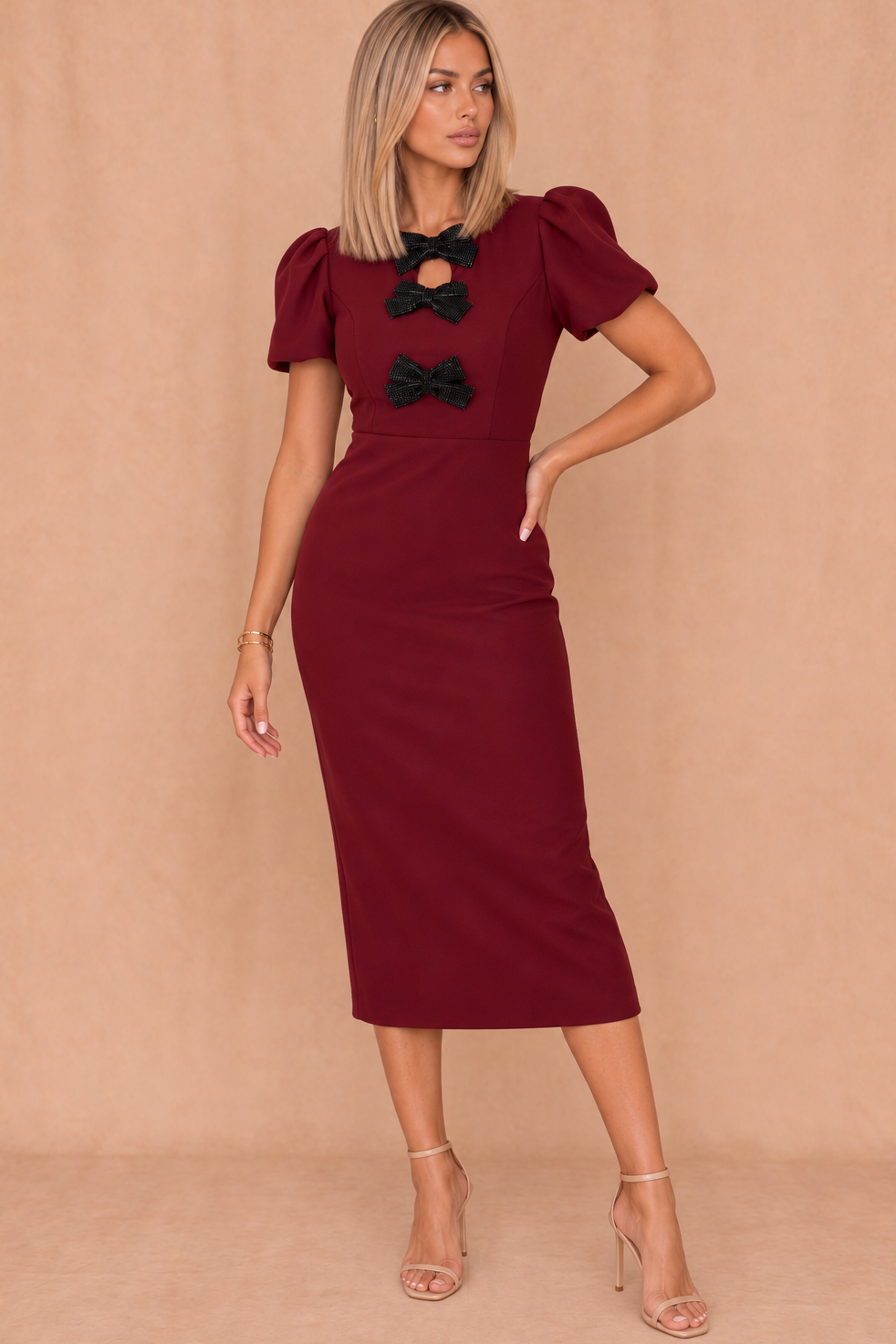 Emma Burgundy Bow Detail Midi Dress