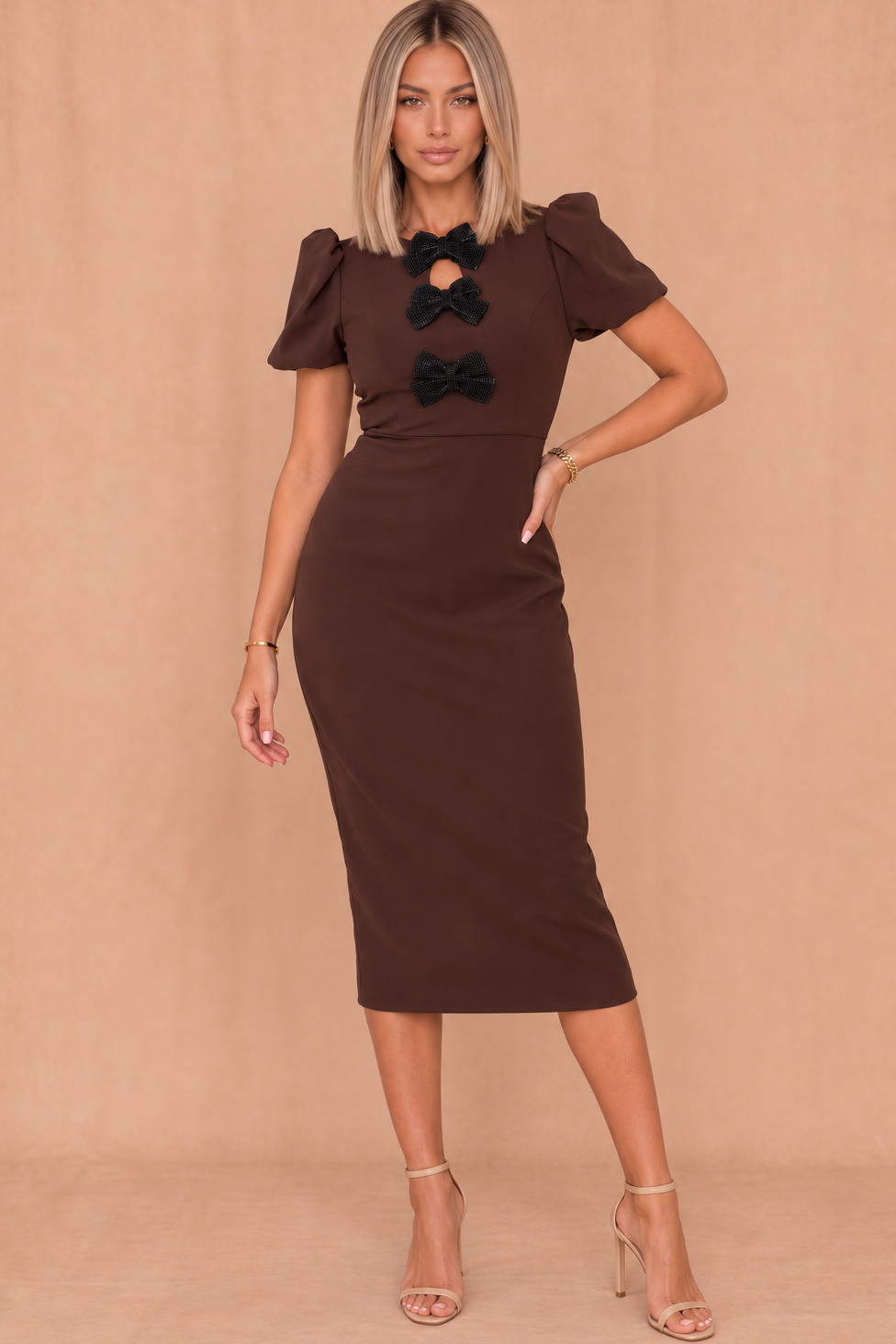 Emma Chocolate Bow Detail Midi Dress