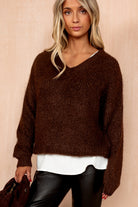 Emmie Chocolate Hairy Knit V Neck Jumper