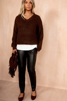 Emmie Chocolate Hairy Knit V Neck Jumper