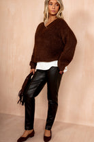 Emmie Chocolate Hairy Knit V Neck Jumper