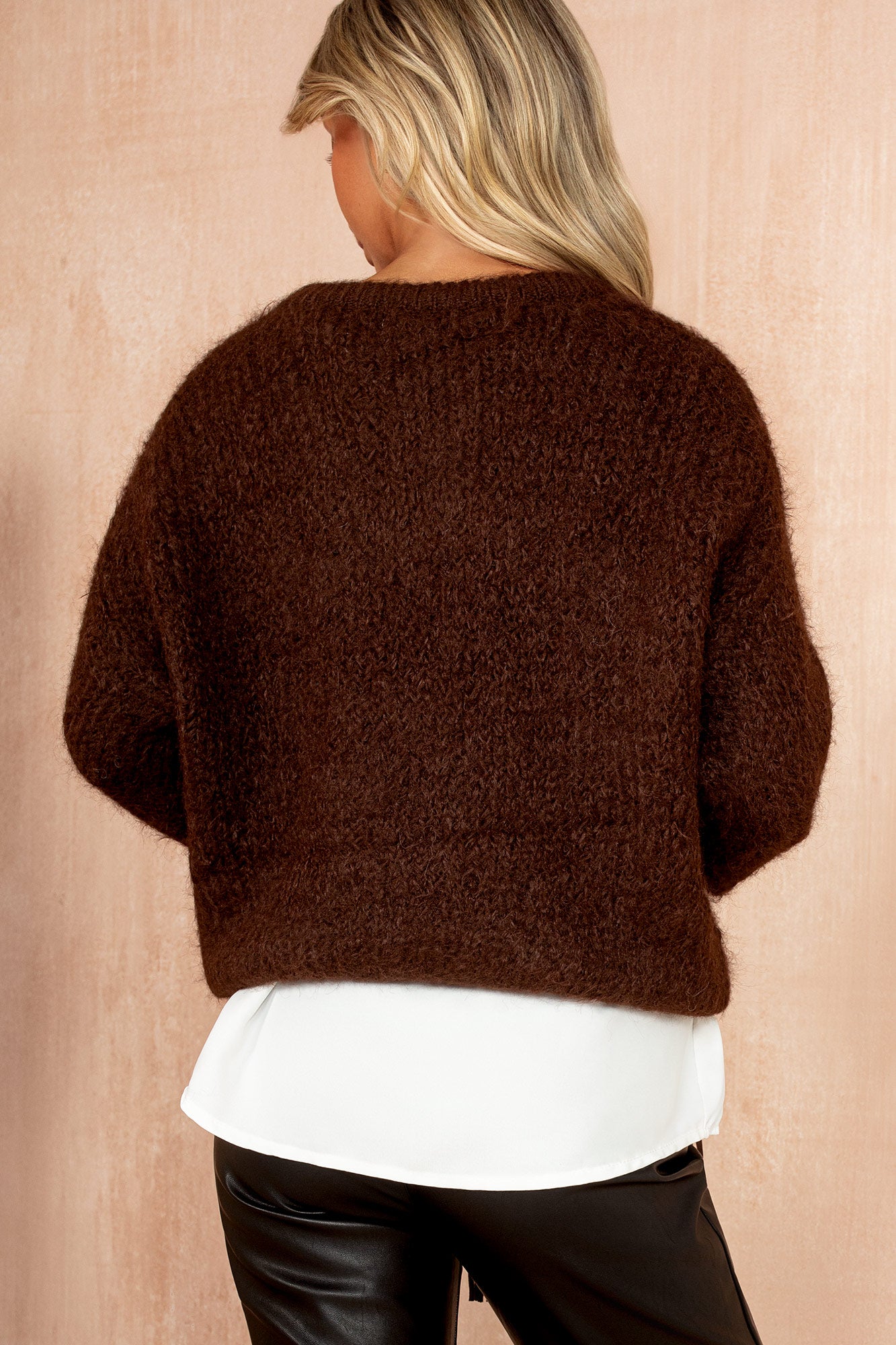 Emmie Chocolate Hairy Knit V Neck Jumper