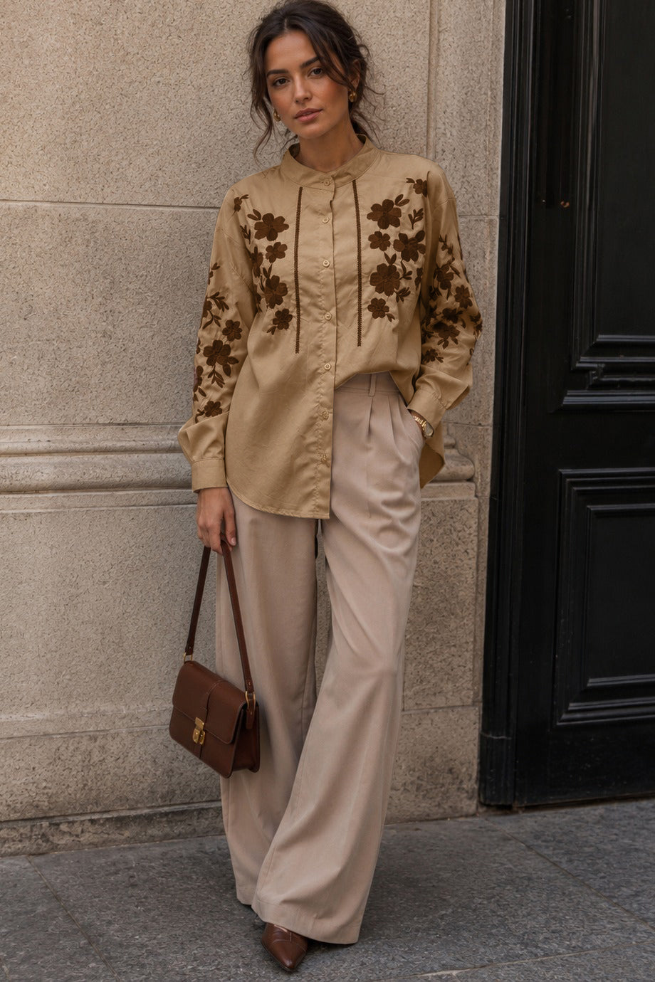 Emmie Taupe Floral Embroidered Print Shirt