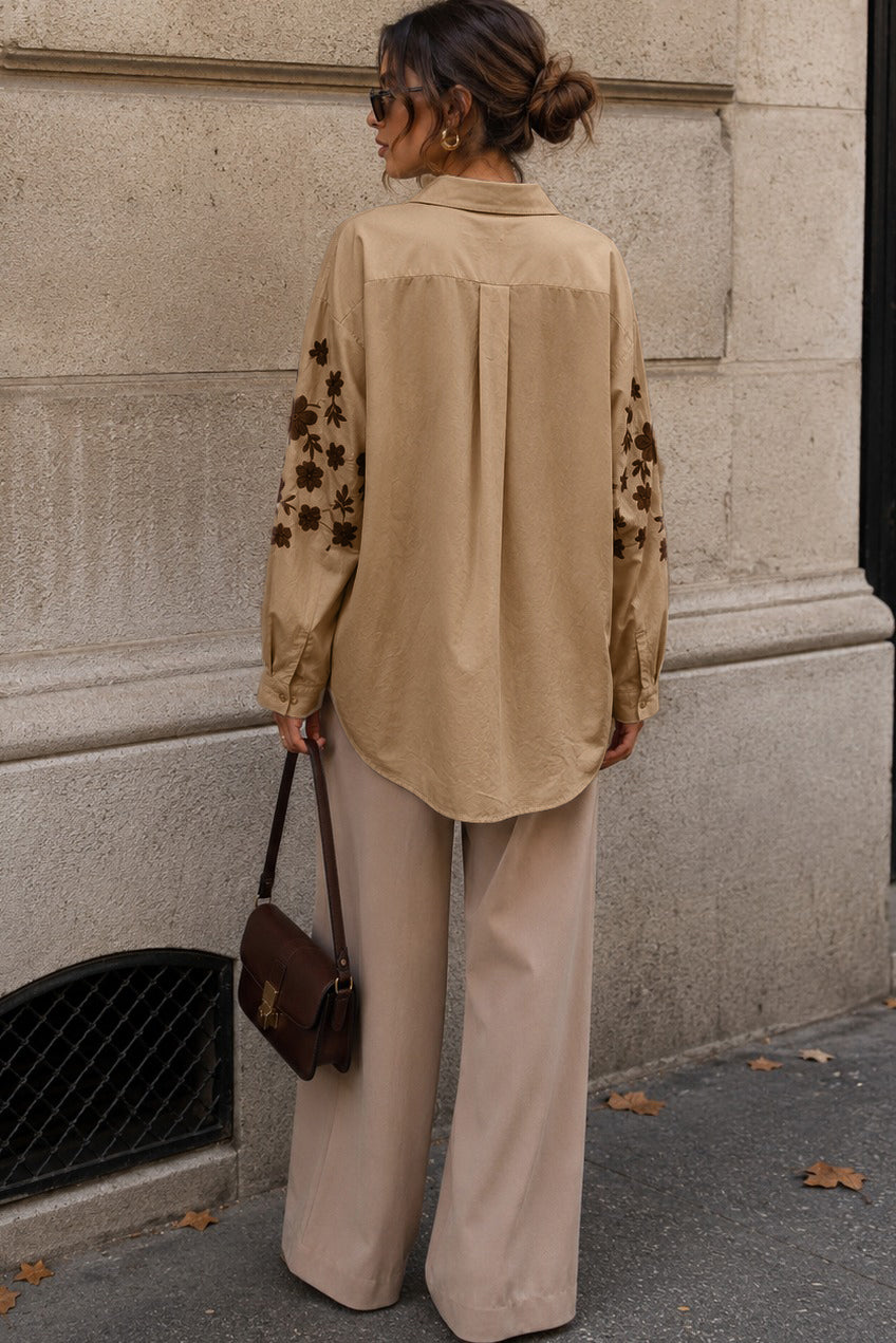 Emmie Taupe Floral Embroidered Print Shirt