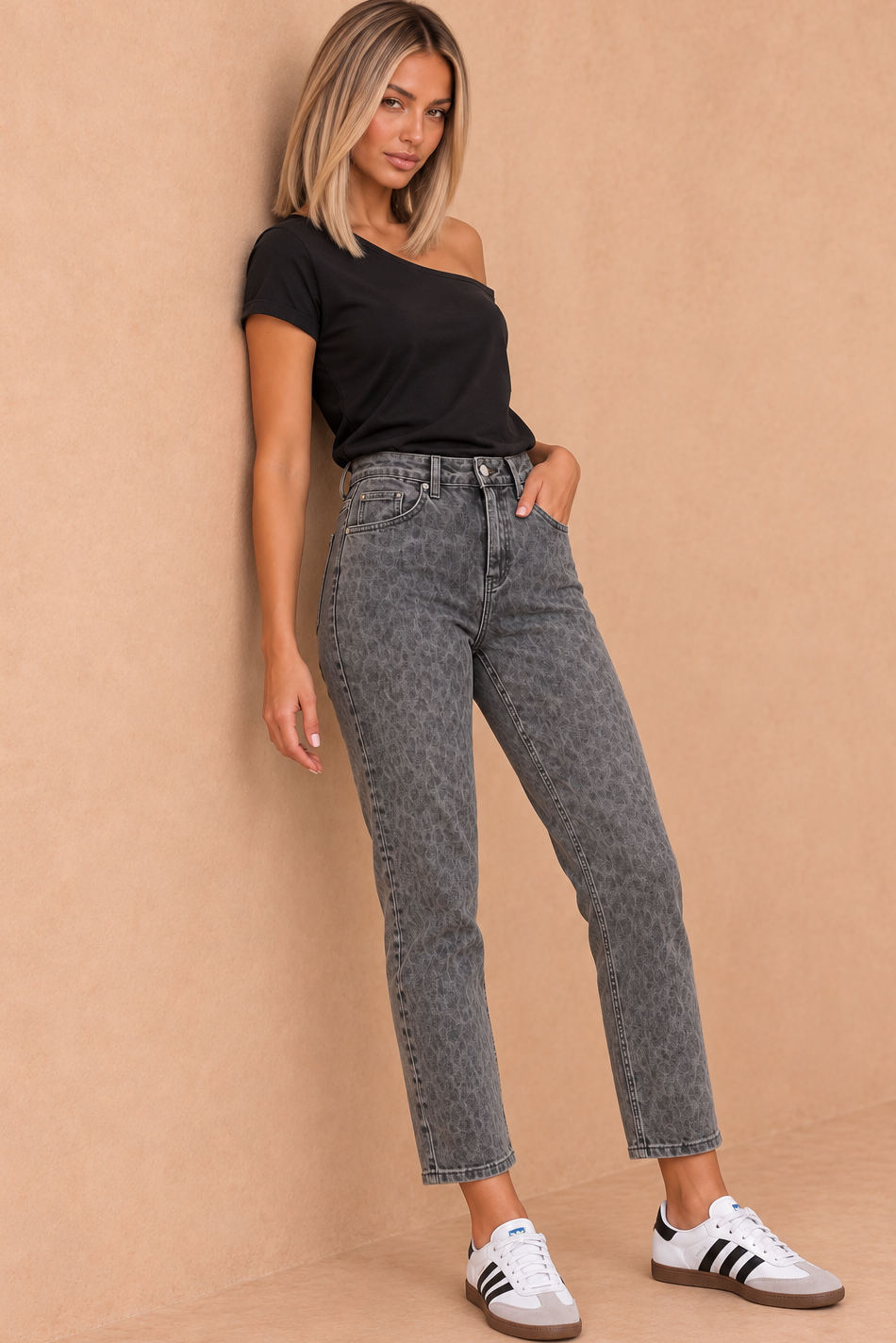 Ensley Grey Leopard Print Mom Jeans