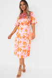 Enzo Pink Satin Floral Midi Dress