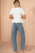 Etta White Fine Knit Belted Peplum Top
