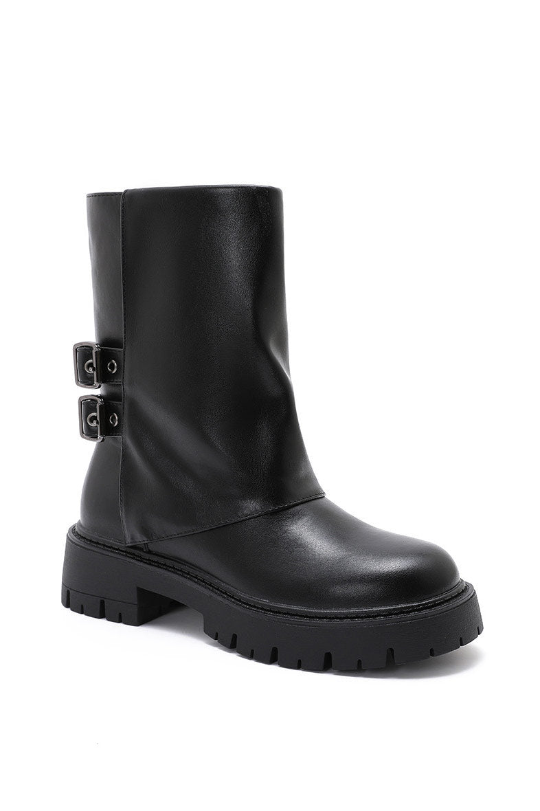 Faith Black PU Chunky Buckle Boots