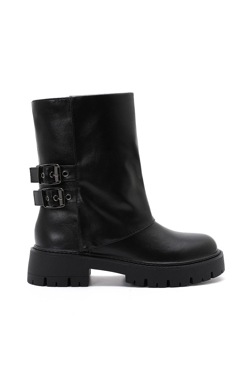 Faith Black PU Chunky Buckle Boots