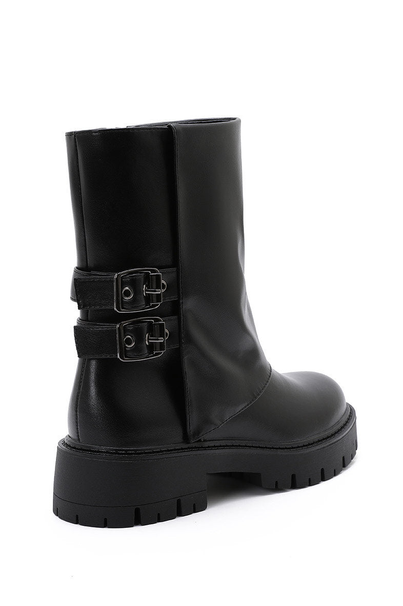 Faith Black PU Chunky Buckle Boots