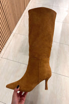 Faye Camel Suedette Knee High Boots - Vavavoom.ie